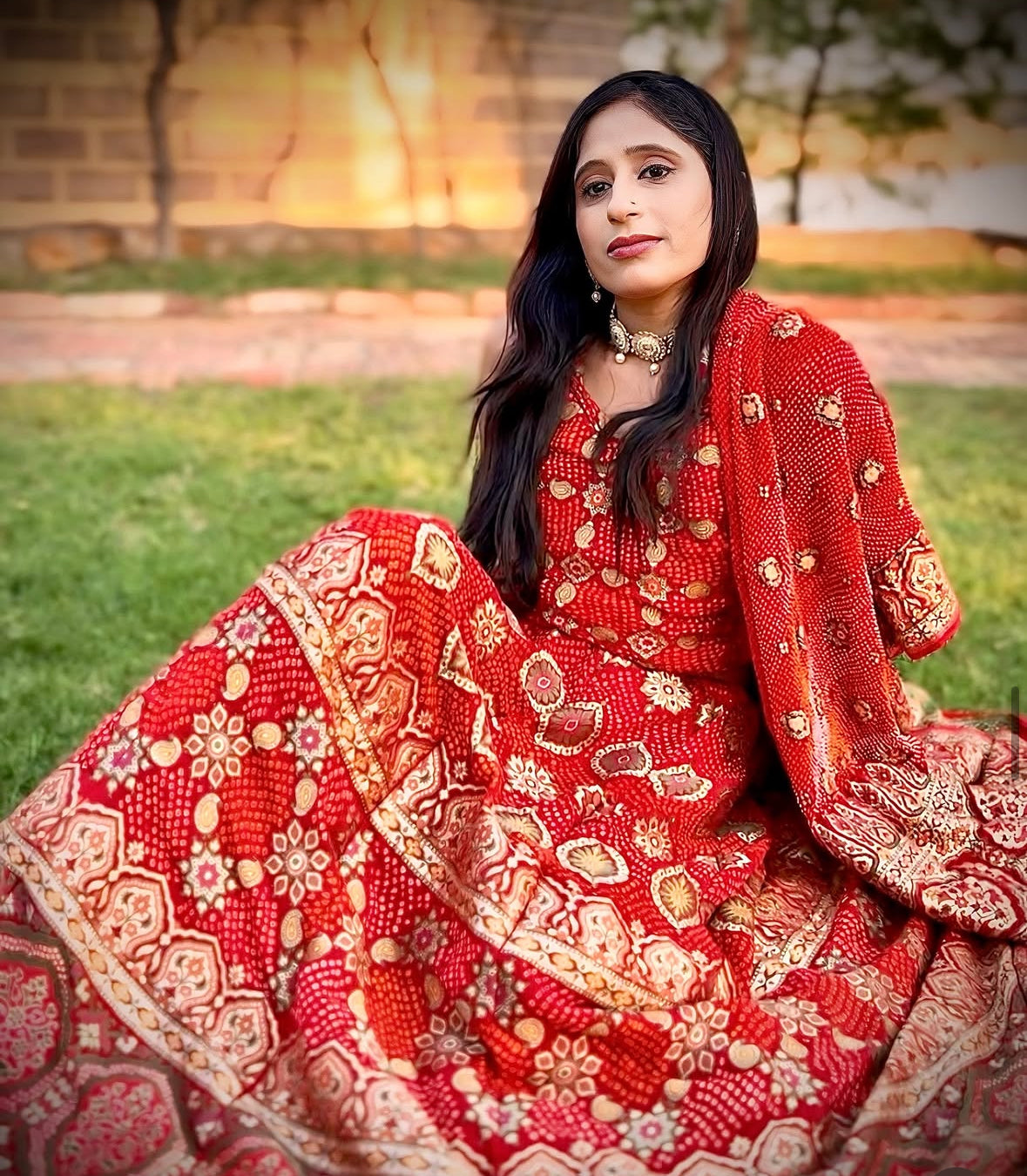 Ruby Red Meenakari Banarasi Bandhani Lehenga set