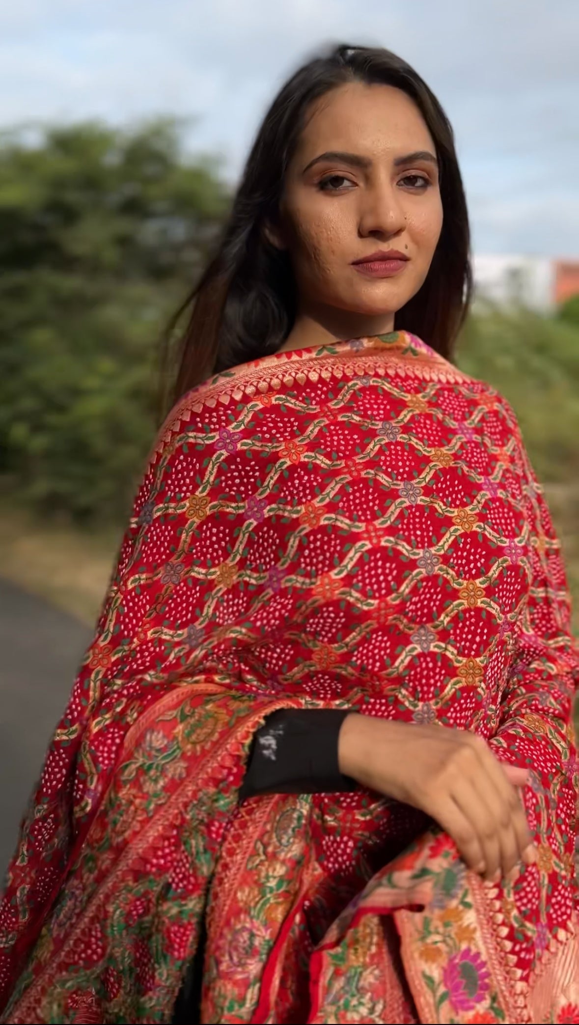 Red Paithani Style Zari weave Bandhani Dupatta