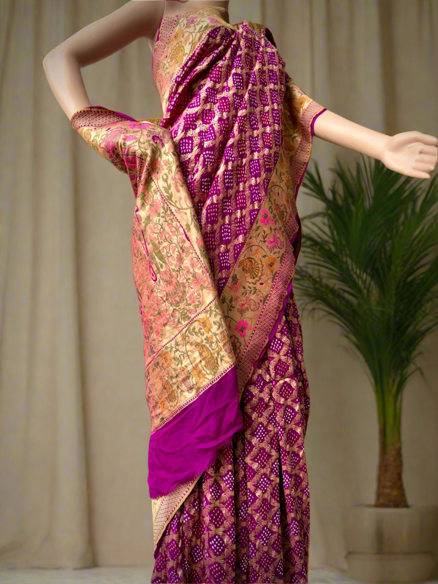 Magenta purple Paithani style Bandhani Sari