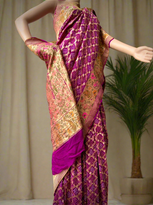 Magenta purple Paithani style Bandhani Sari