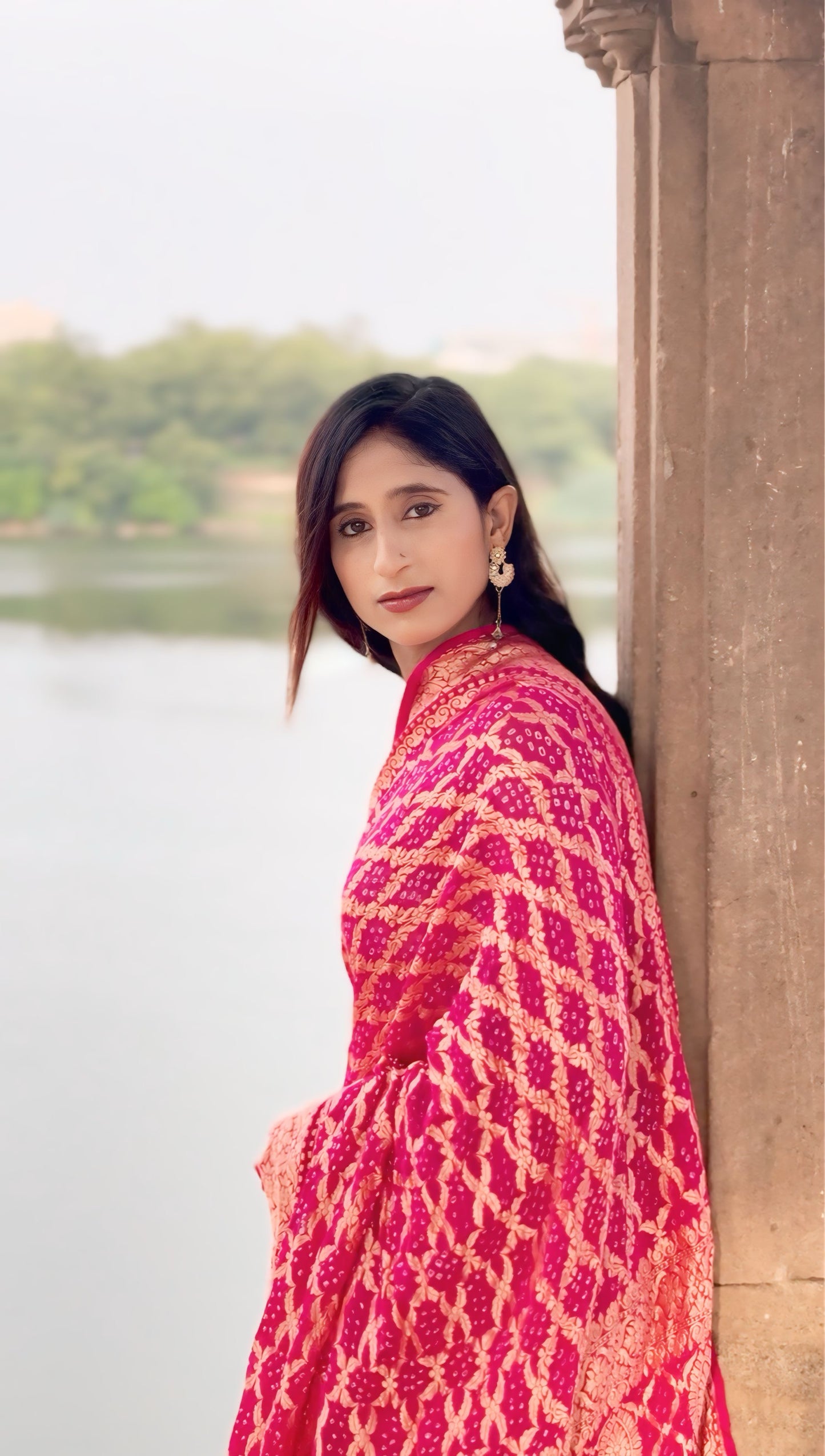Multicoloured Banarasi Bandhani saree in pure Khadi georgette