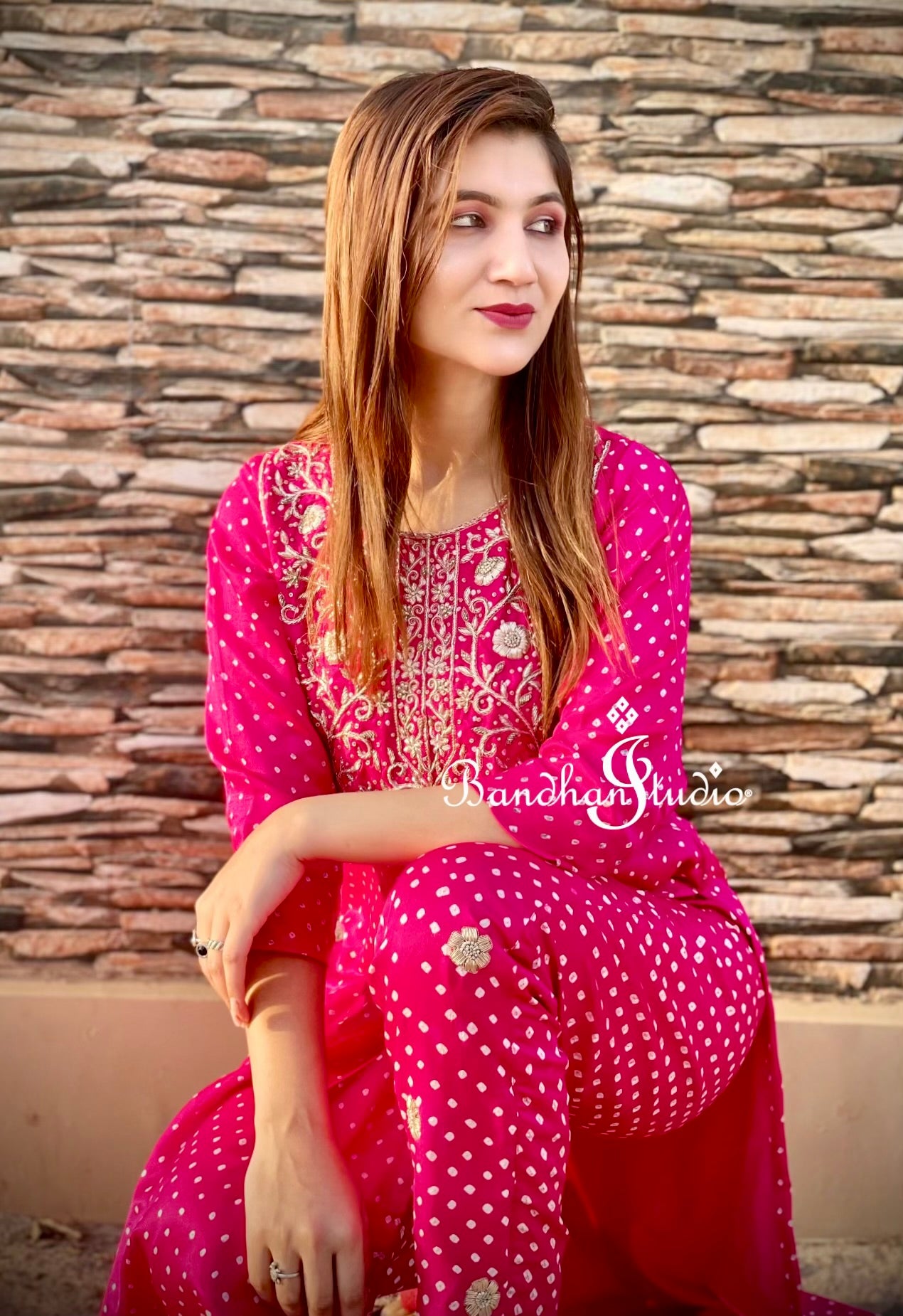Rani pink Silk Kurta and Pant set with Zardosi Handwork