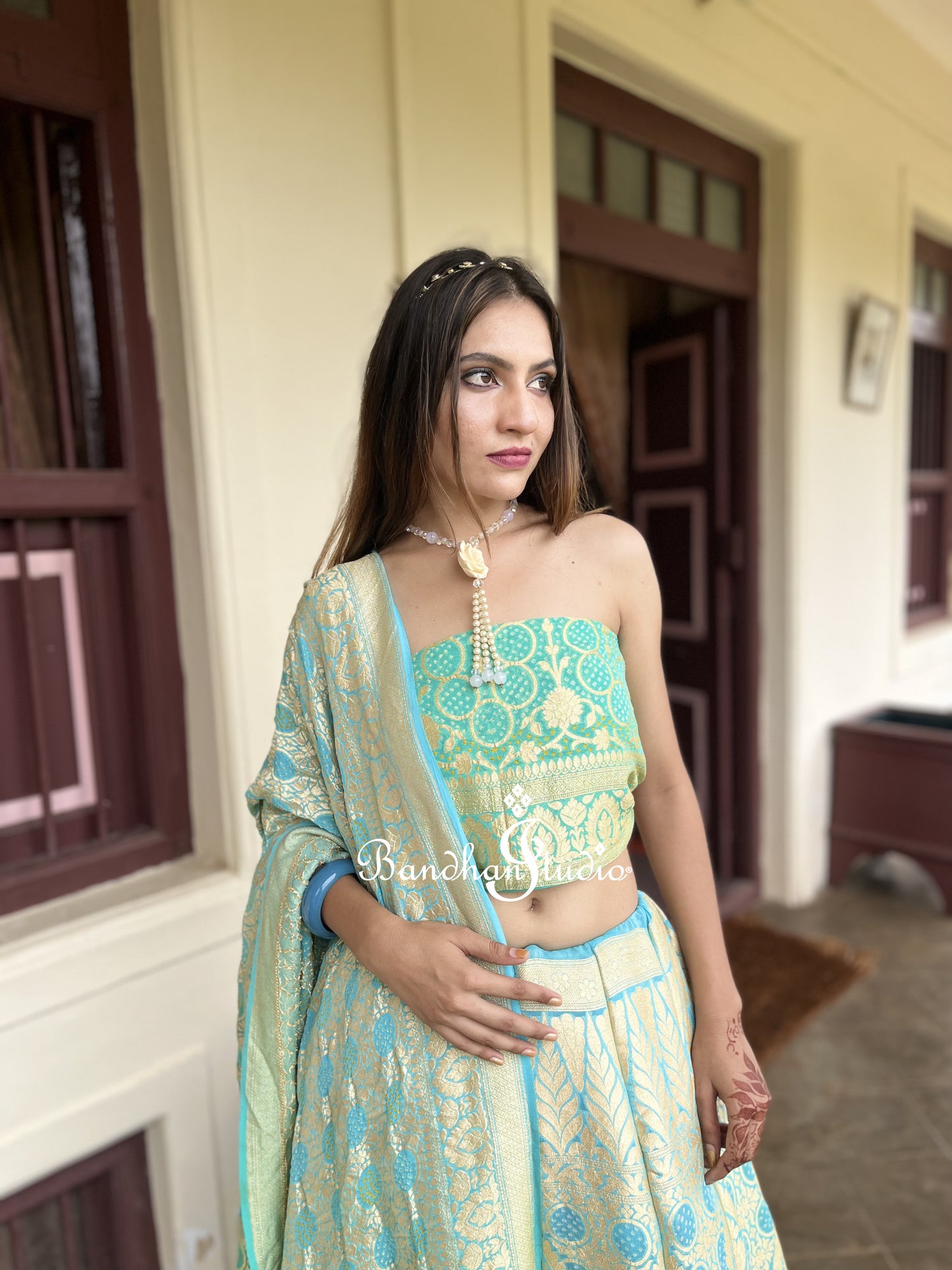 Sea-blue and Green ombré Bandhani Lehenga