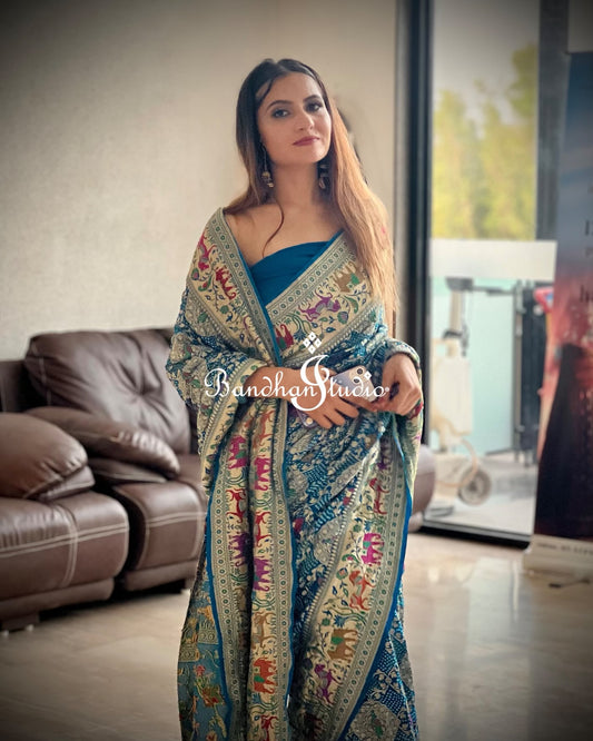 Turquoise Shikargah Bandhani Saree