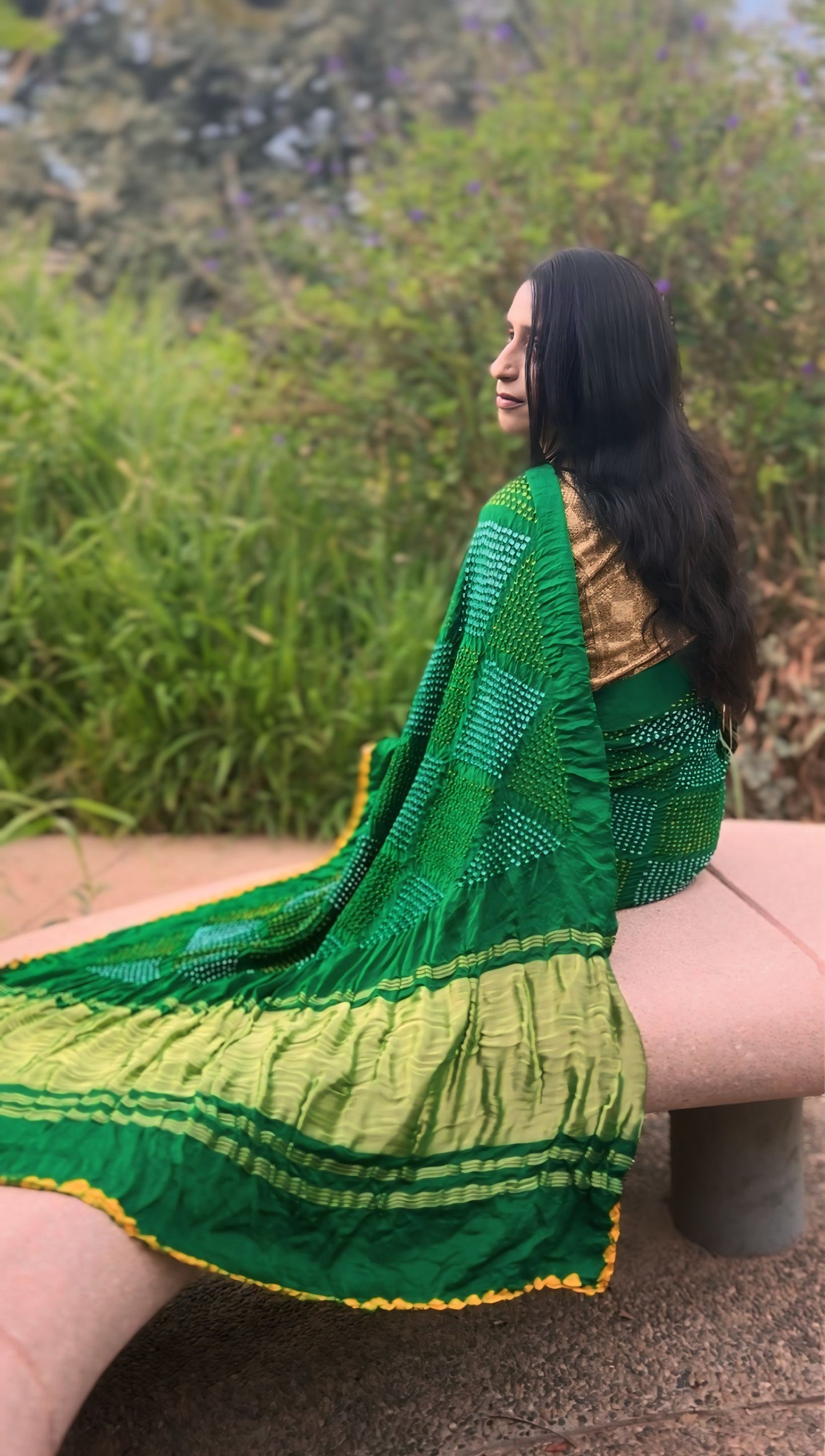 Bottle green Geometric Bandhani on silk