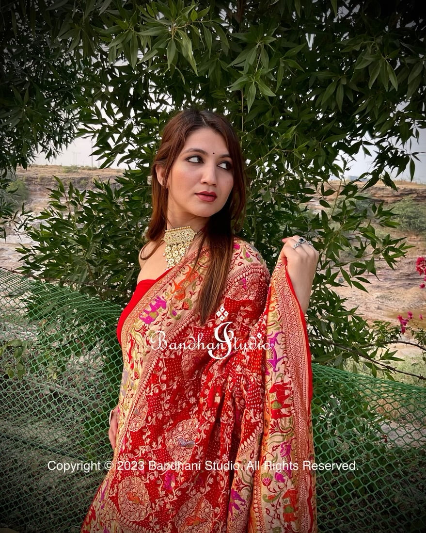 Red Kadamba Shikargah Bandhani saree