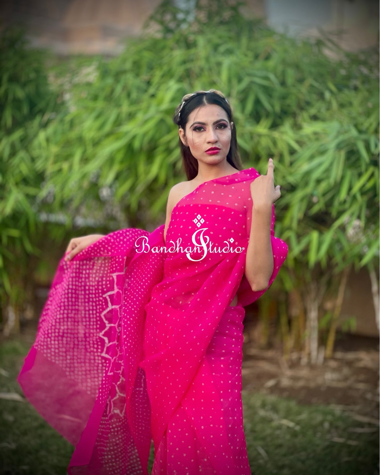 Hot pink organza Bandhani Saree