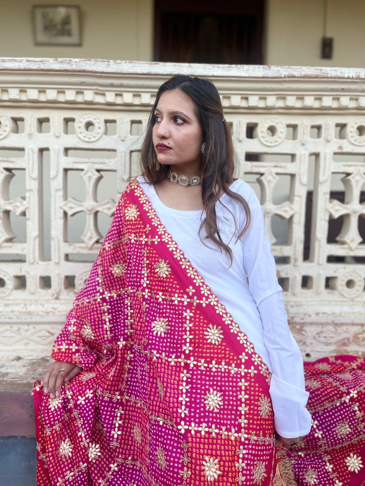 Fuschia- Pink ombré Gotapati handwork Bandhani Dupatta