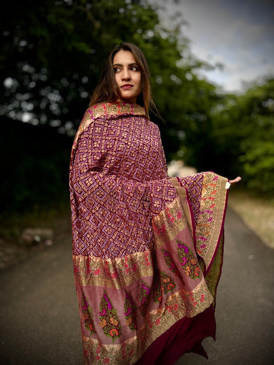 Dark Burgundy Handloom Bandhani Dupatta