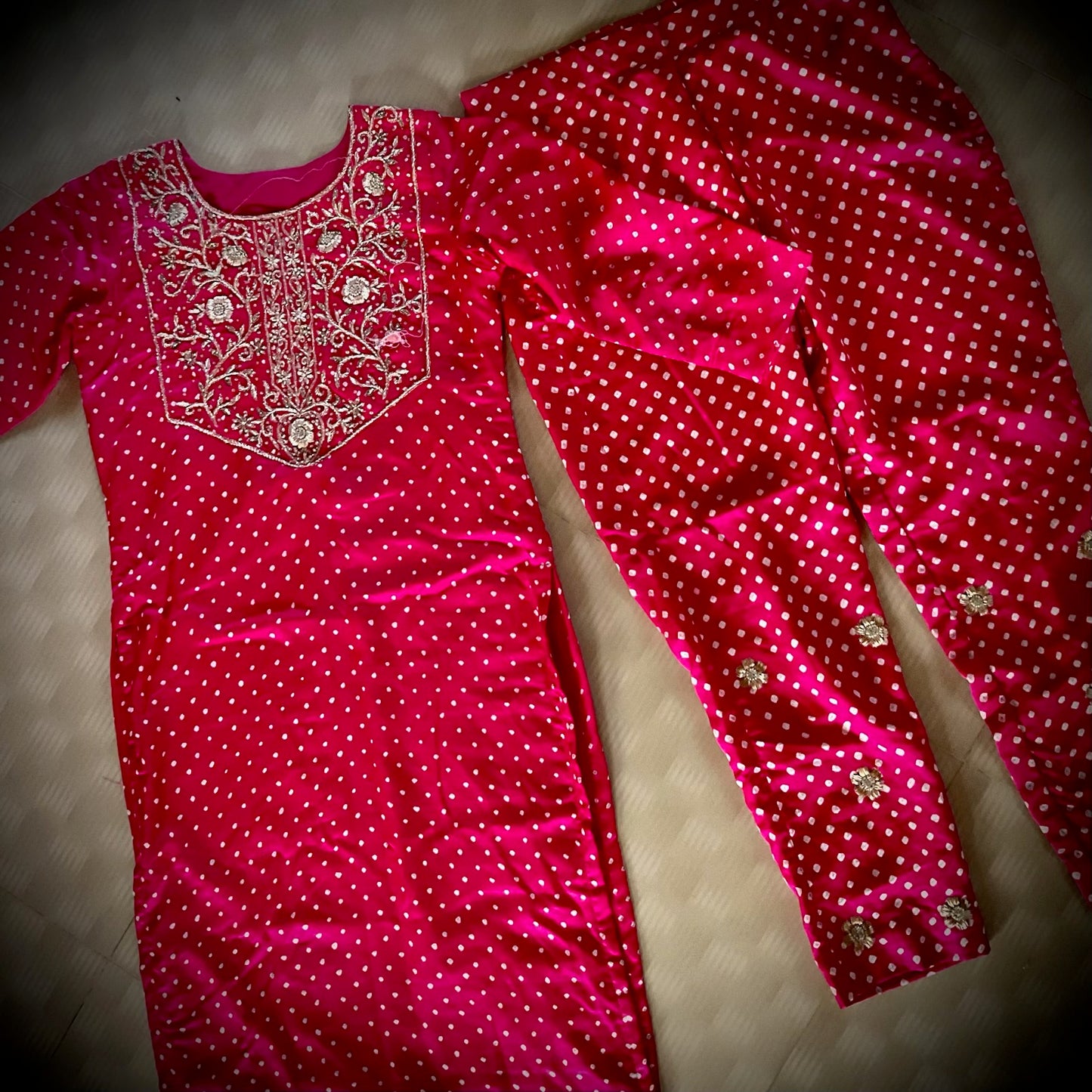 Rani pink Silk Kurta and Pant set with Zardosi Handwork