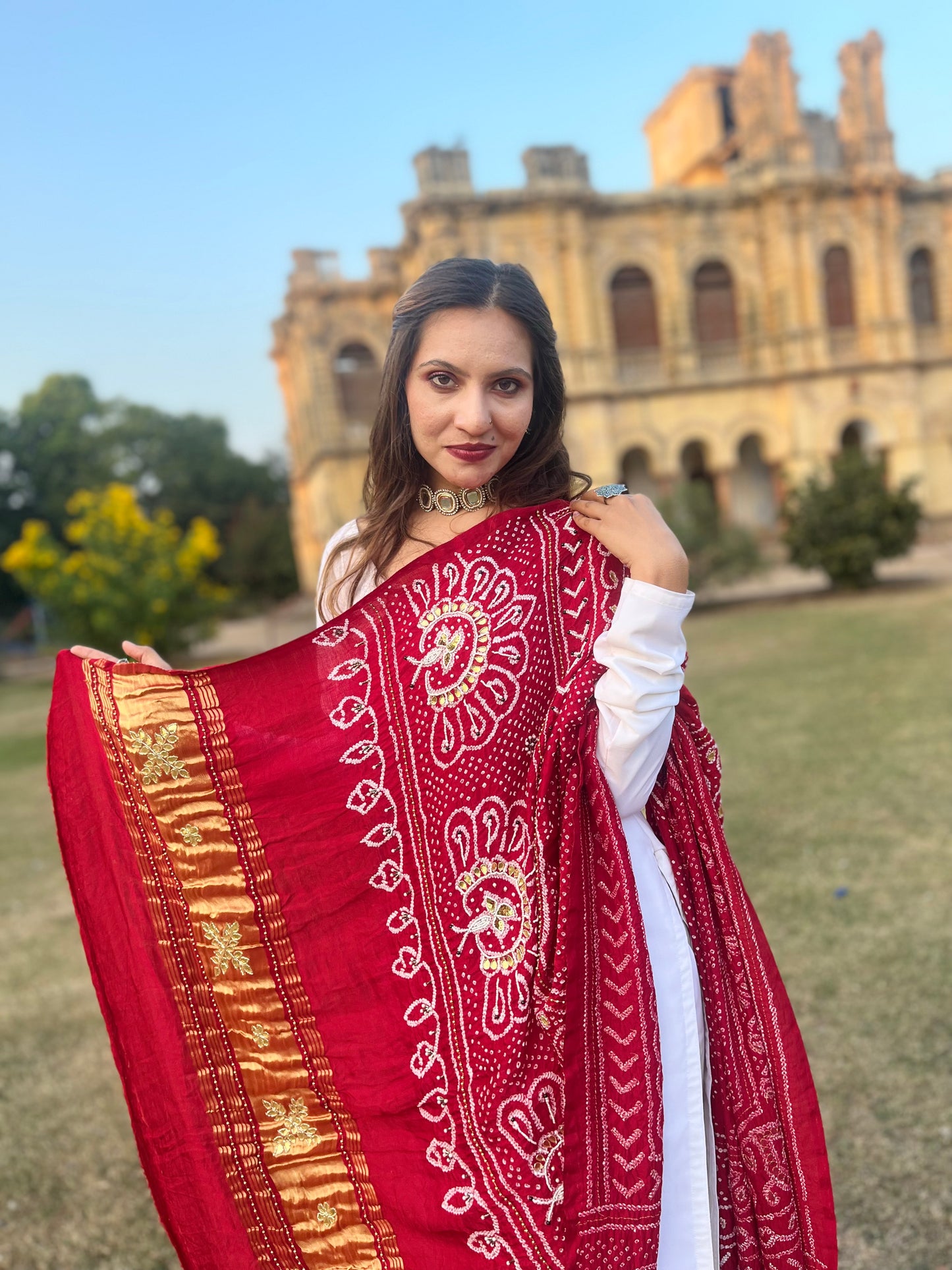 Red Zardosi and Gotapati Bandhani Dupatta