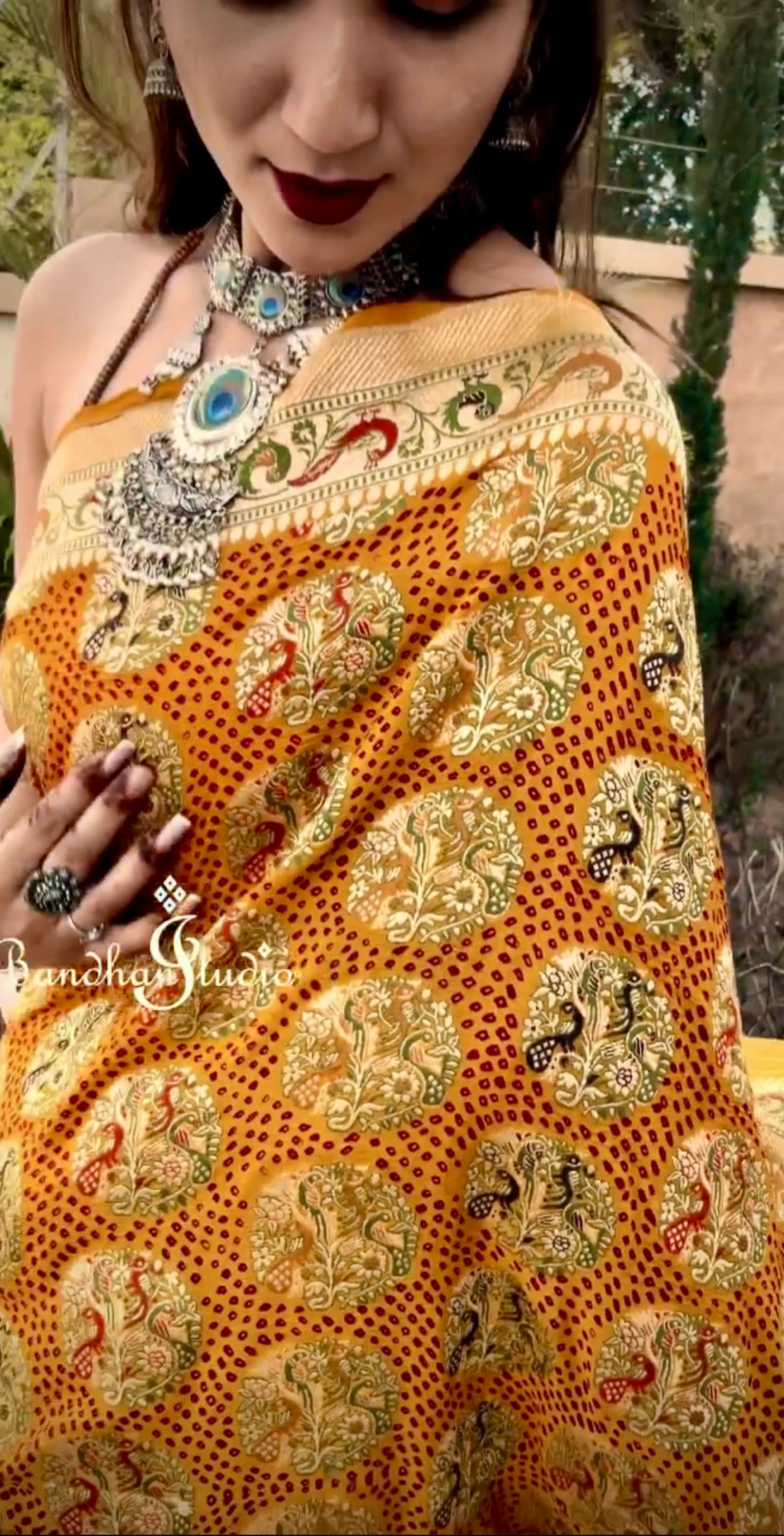 Mustard Meenakari Red dots Bandhani saree