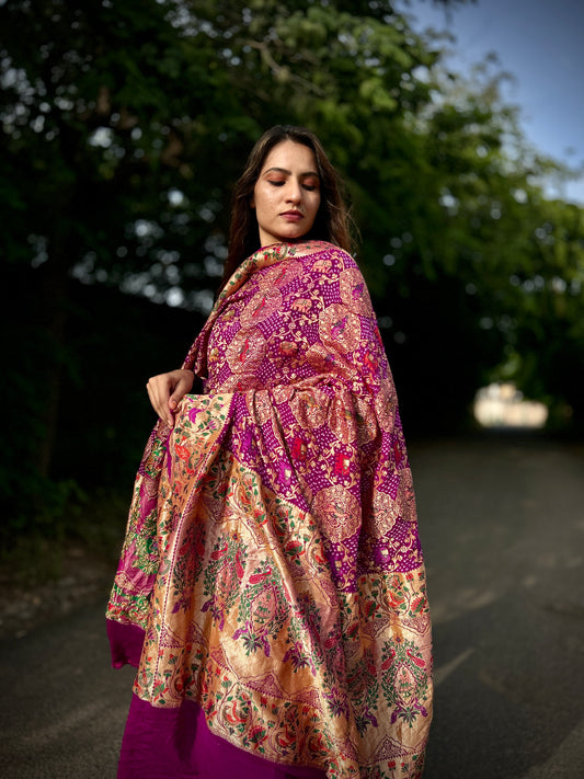Magenta Handloom Bandhani Meenakari Shikargah Dupatta