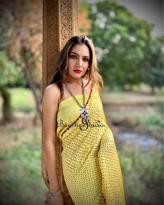 Red Bandhani dots Lemon yellow Gaji silk sari