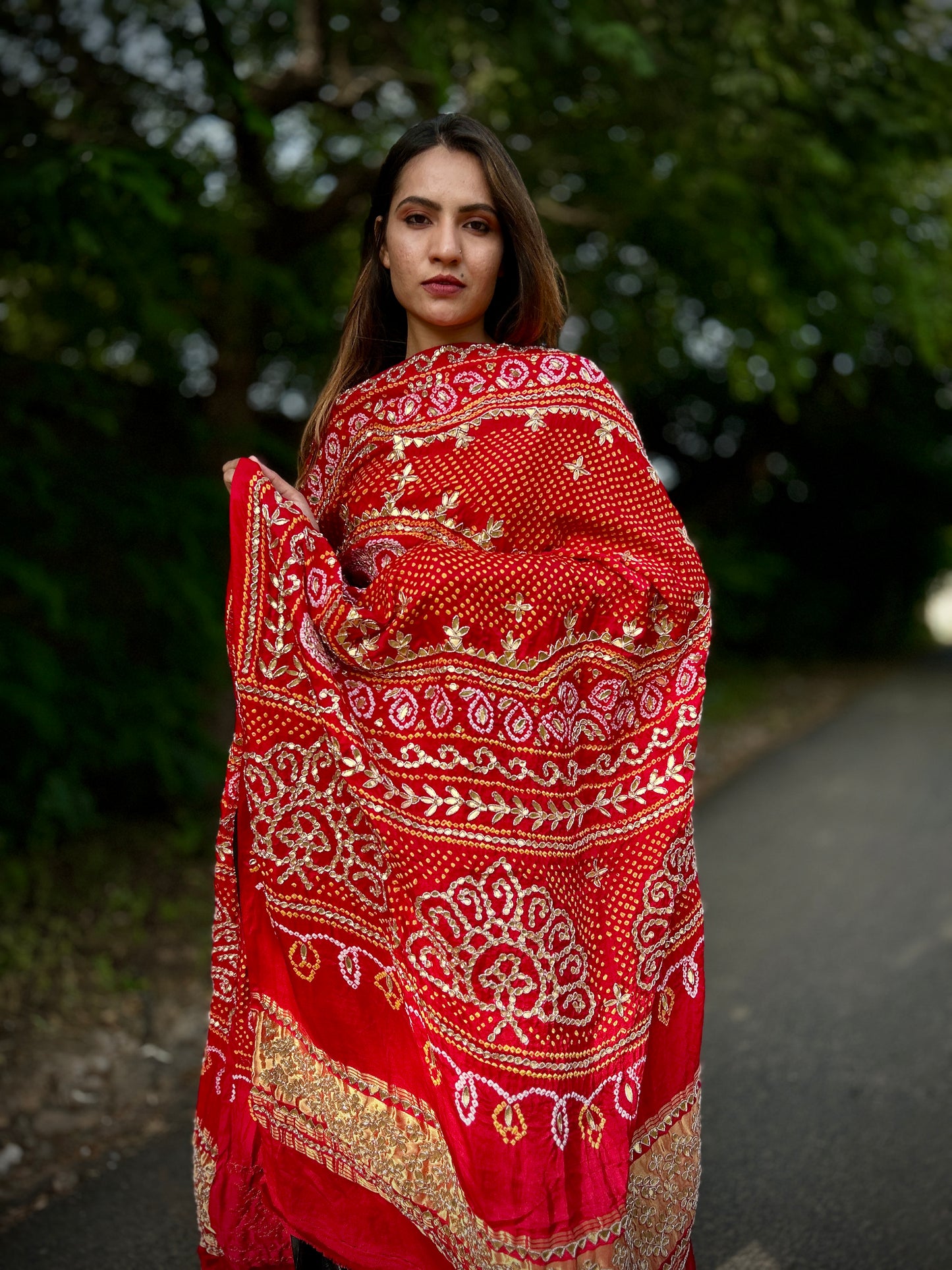 Gotapati Bandhani peacock motifs Red Dupatta