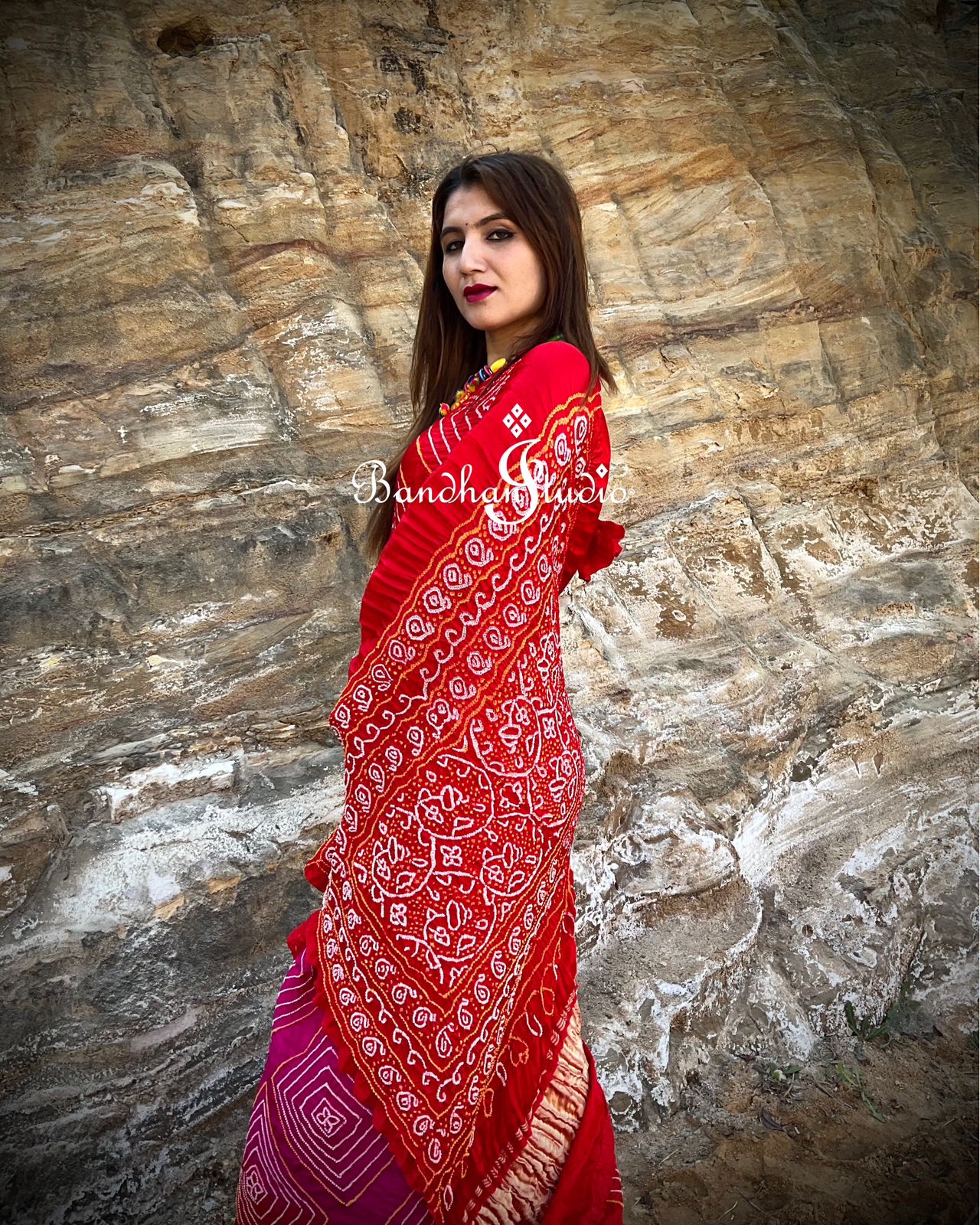 Fuschia-Pink and Coral Ombré Shikari Bandhani Saree