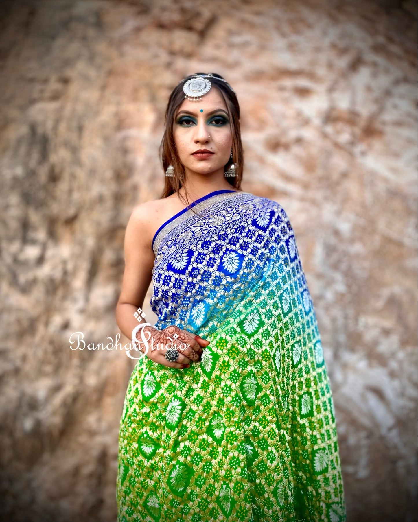 Blue and Sea-green Ombré Silver Zari Bandhani Saree
