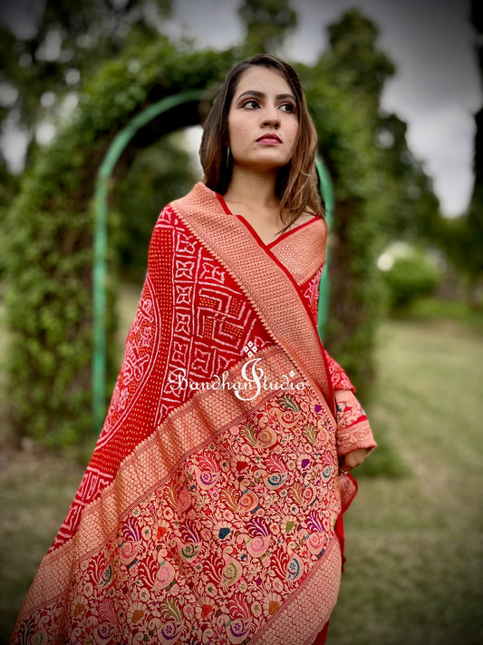 Red Kadwa Weave Banarasi Bandhani Saree