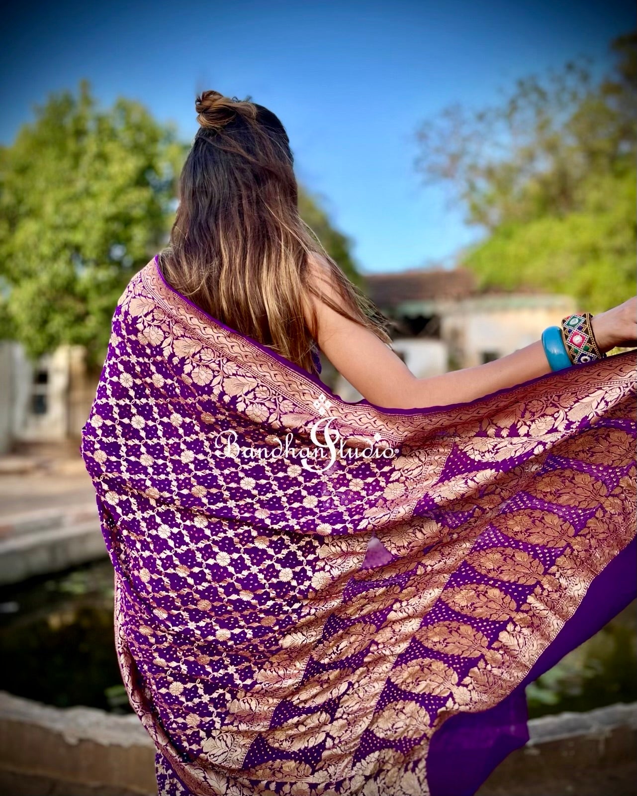 Purple Banarasi Bandhani Floral motifs Saree