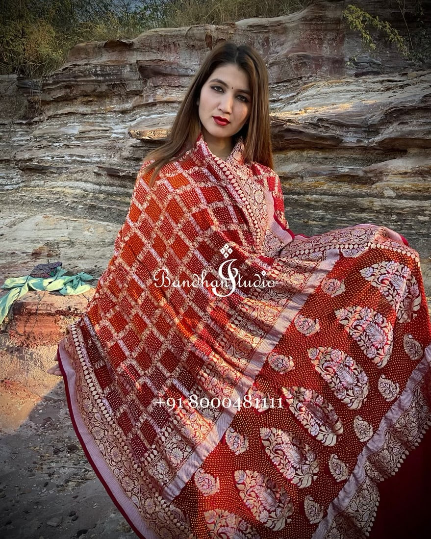 Red Orange ombré Bandhani gharchola Dupatta