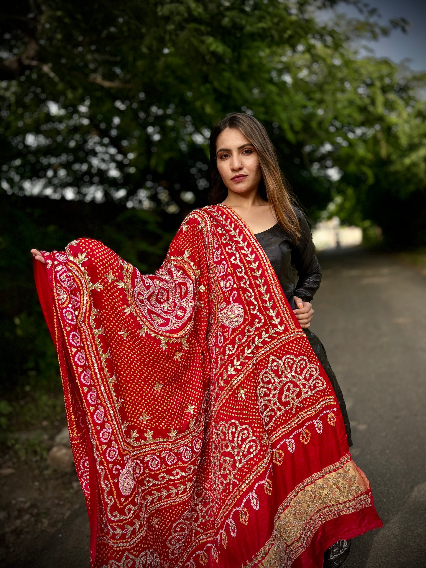 Gotapati Bandhani peacock motifs Red Dupatta