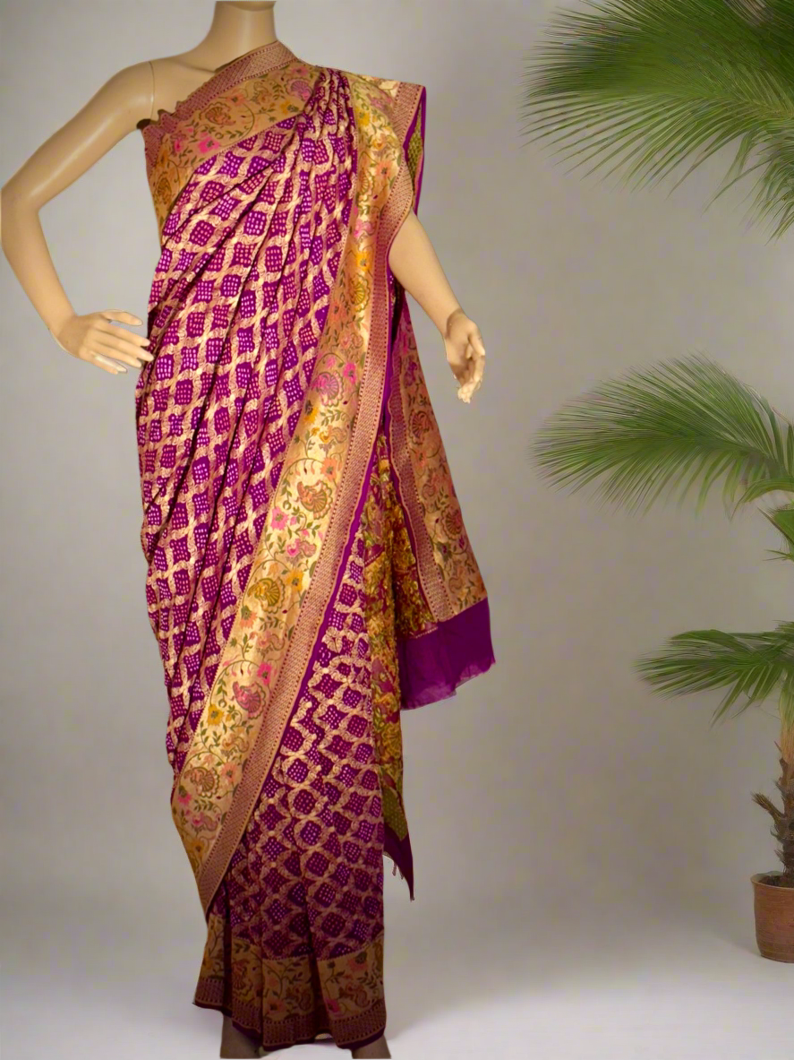 Magenta purple Paithani style Bandhani Sari