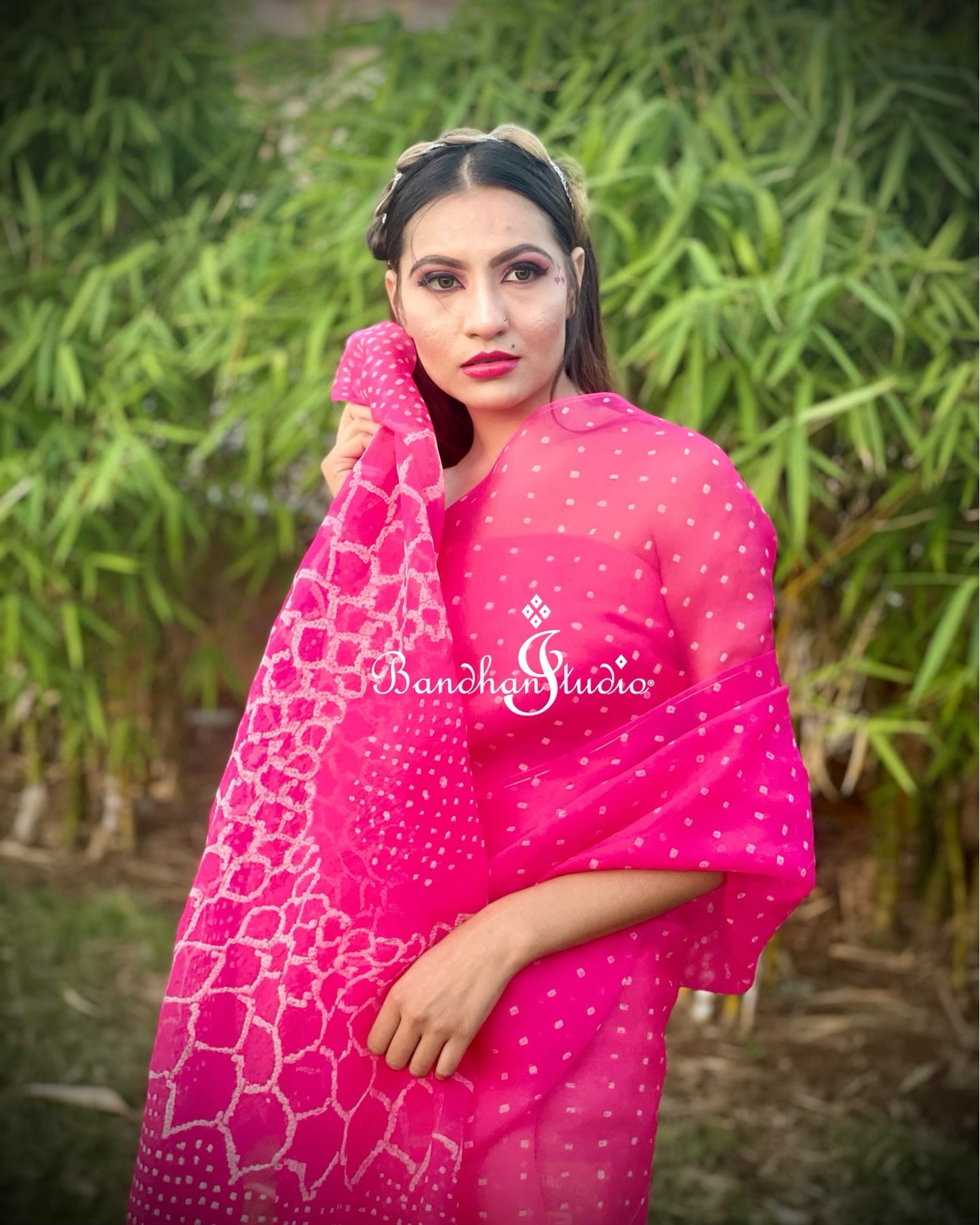 Hot pink organza Bandhani Saree