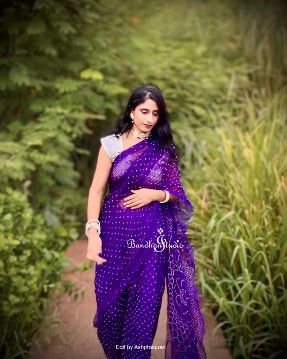 Purple Geometric Bandhani on Organza