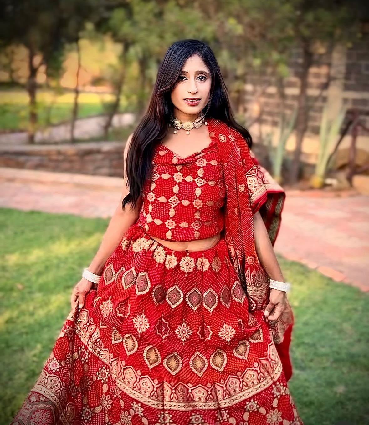 Ruby Red Meenakari Banarasi Bandhani Lehenga set