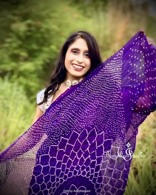 Purple Geometric Bandhani on Organza