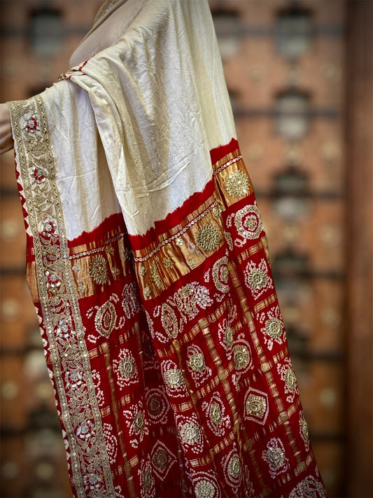 Ras- Mandal Off white to Red pure Ga ji silk 82 grams silk check pallu saree handcrafted with Marodi work.