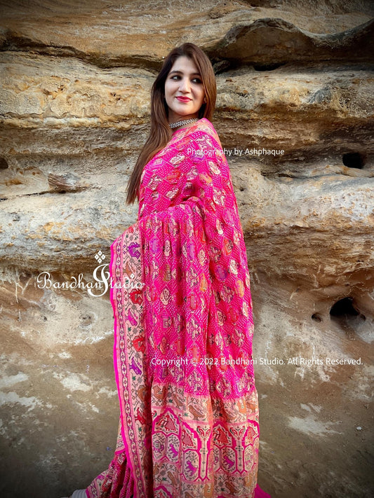 Hot pink Meenakari Shikargah Bandhani Saree
