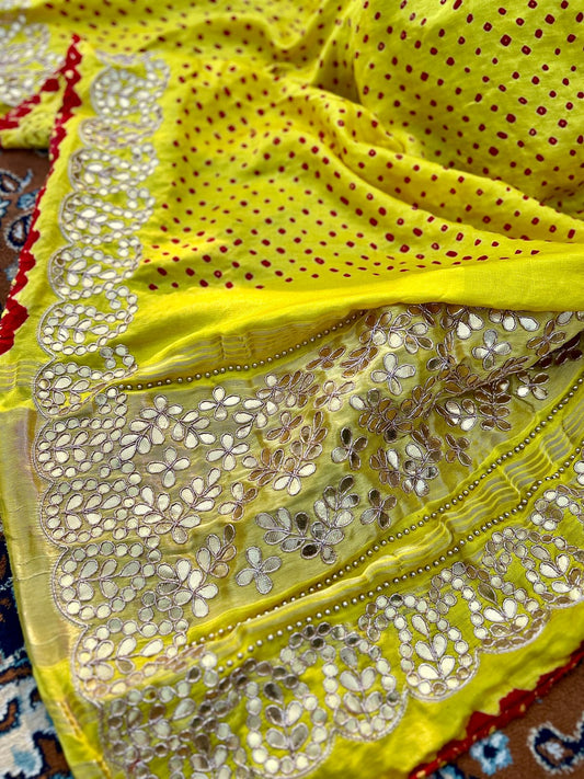 Lemon yellow Gotapati Bandhani Sari