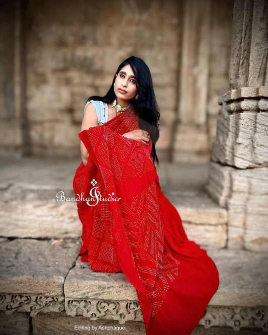 Red Geometric Bandhani on Georgette