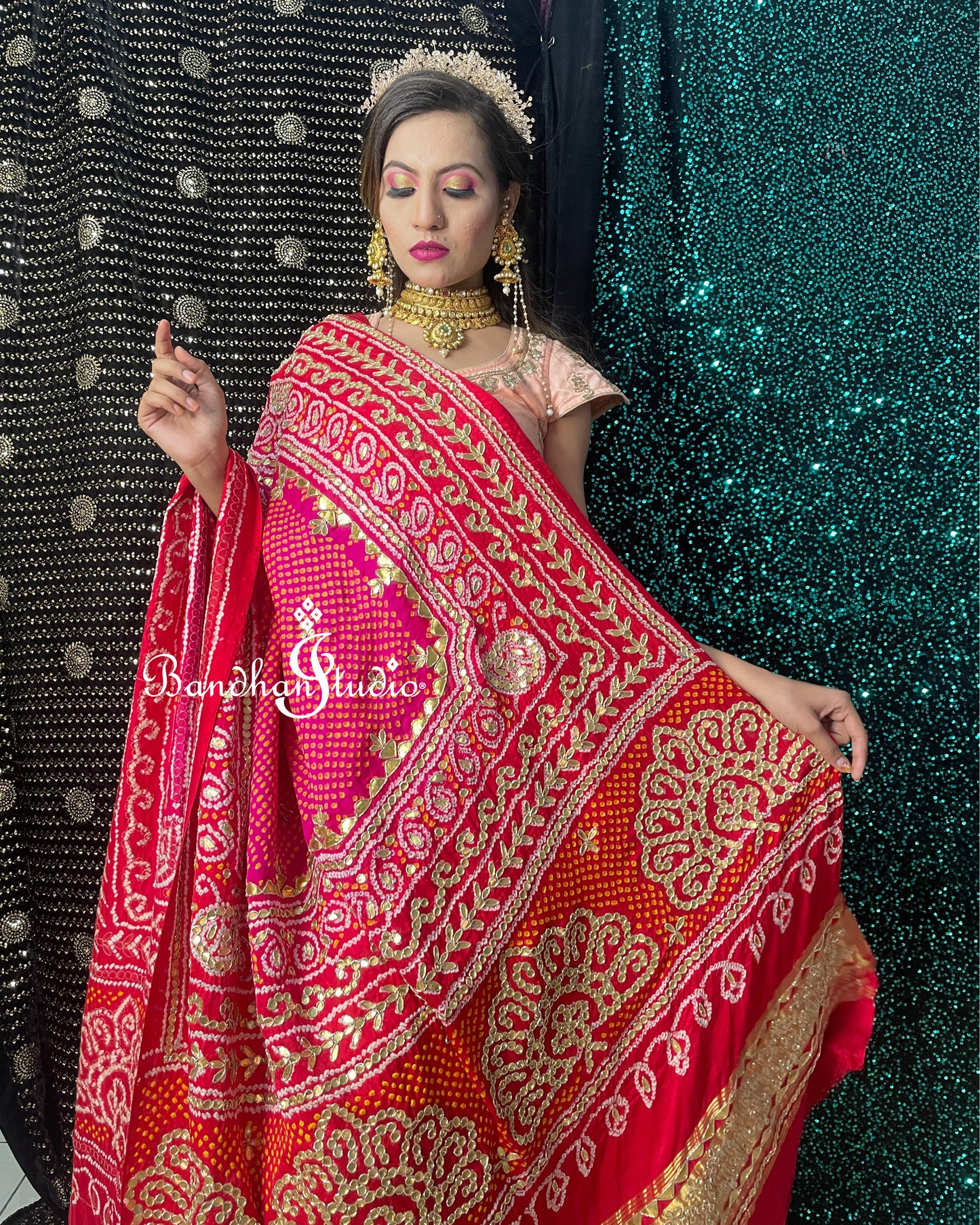 Pink and Red ombré handwork and Bandhani dupatta