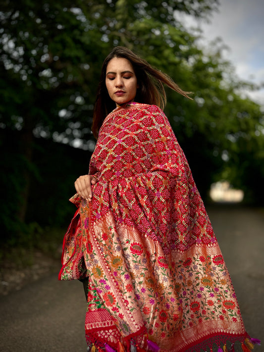 Red Paithani Style Zari weave Bandhani Dupatta
