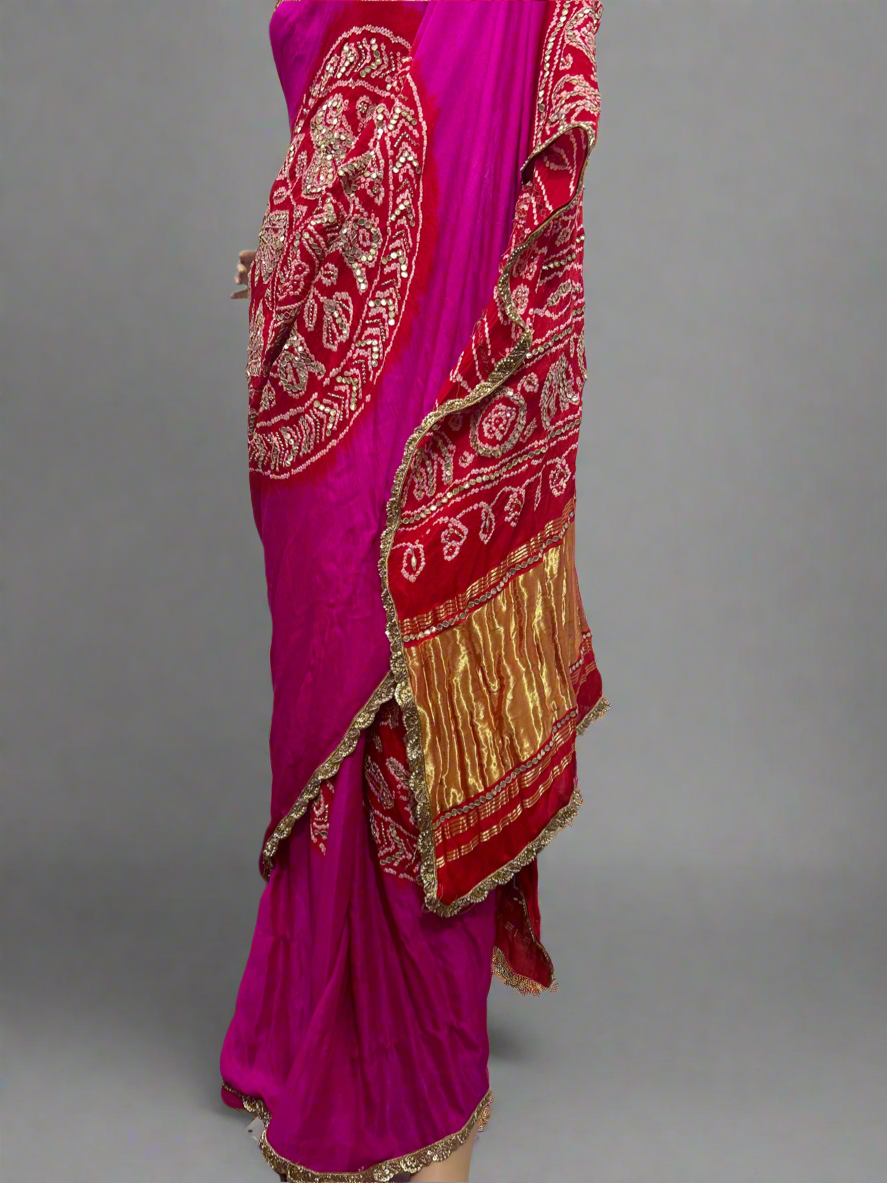 Pink and Coral Gotapati Rasmandal Bandhani on Silk Saree