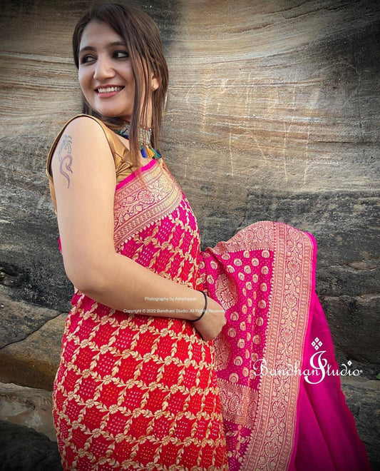 Pink and Coral ombré pure Khadi georgette Banarasi Bandhani Saree