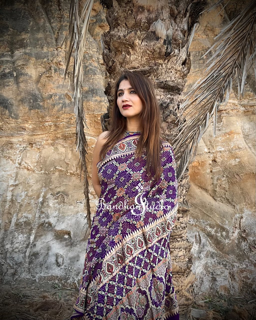 Baigany Purple Ajrakh inspired Weaving Bandhani Saree