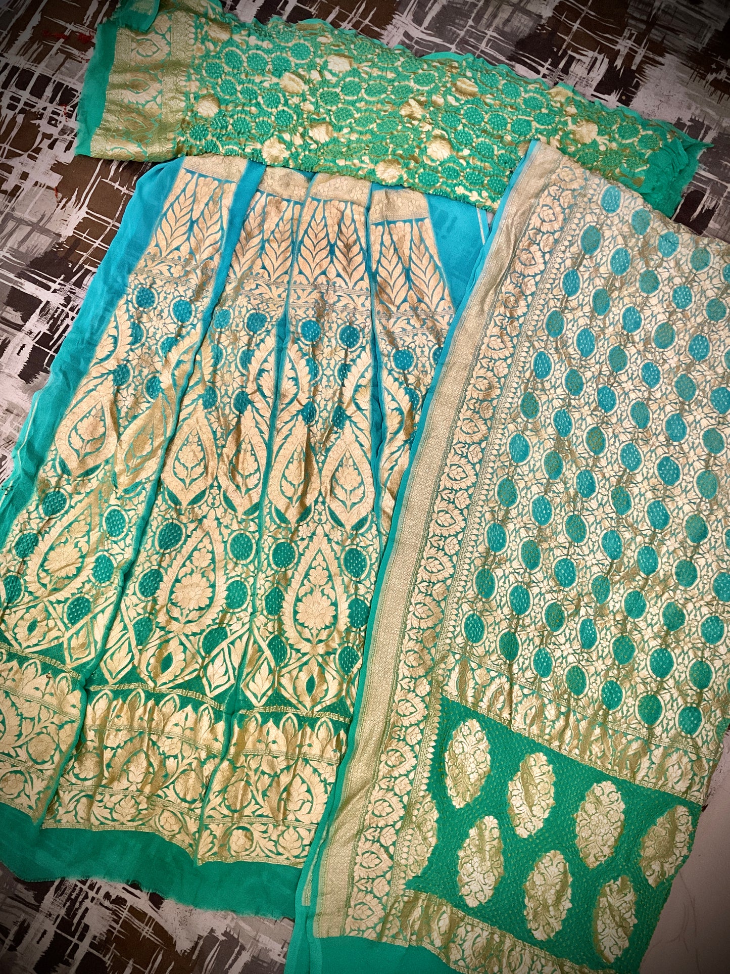 Sea-blue and Green ombré Bandhani Lehenga