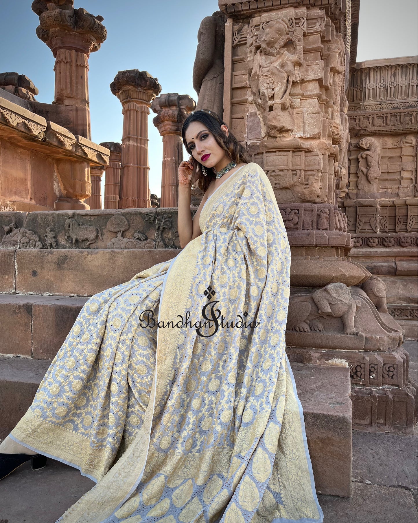 Light Grey Banarasi Bandhani red dots saree