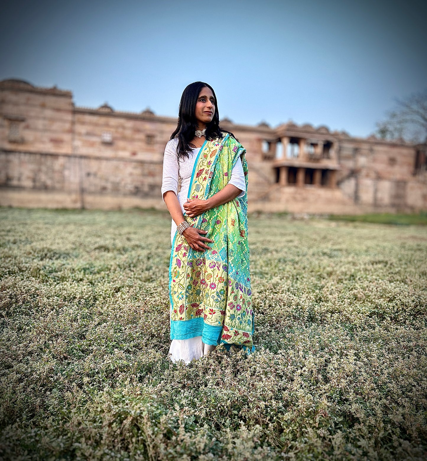 Skyblue to sea-green ombré Handloom Meenakari Shikargah Bandhani Dupatta