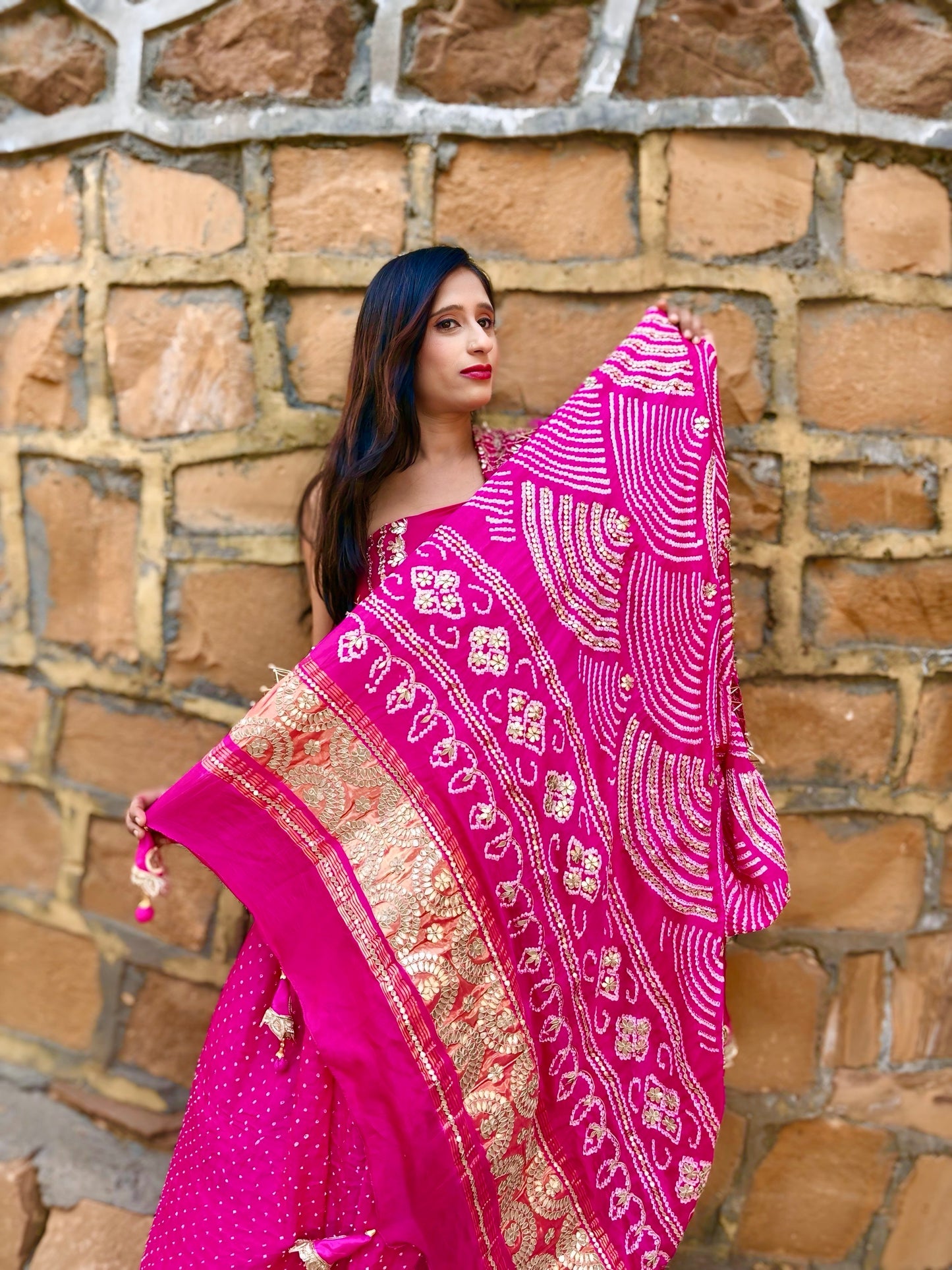 Hot pink Handcrafted pure Gaji silk premium fabric 3 pc Lehenga choli set
