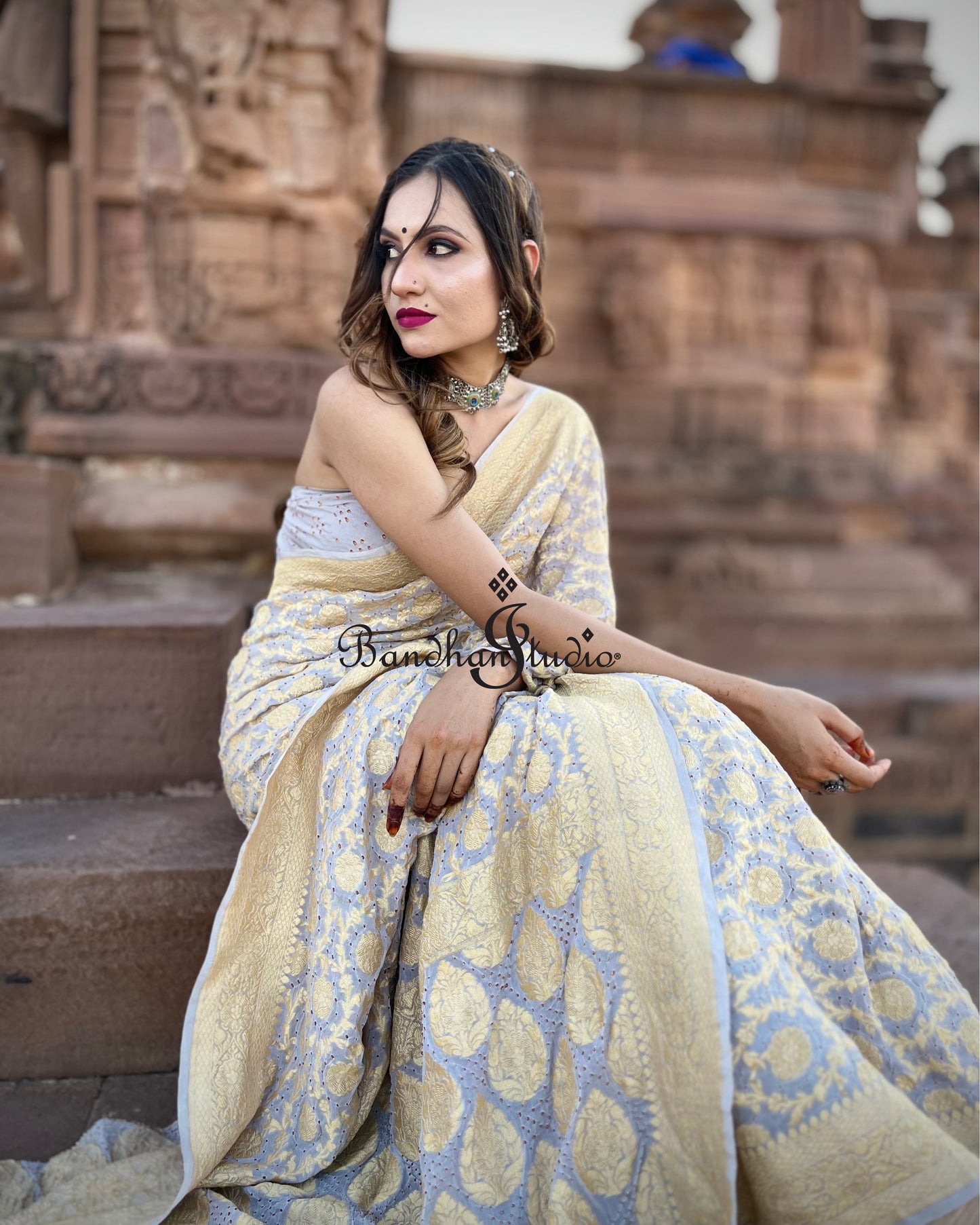 Light Grey Banarasi Bandhani red dots saree