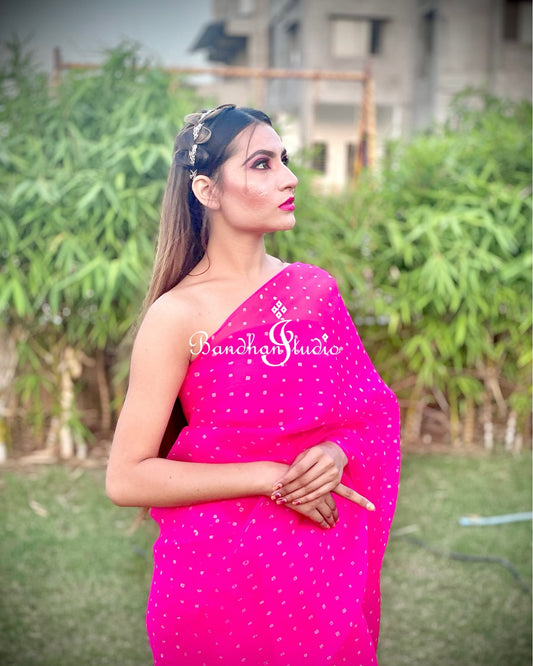 Hot pink organza Bandhani Saree