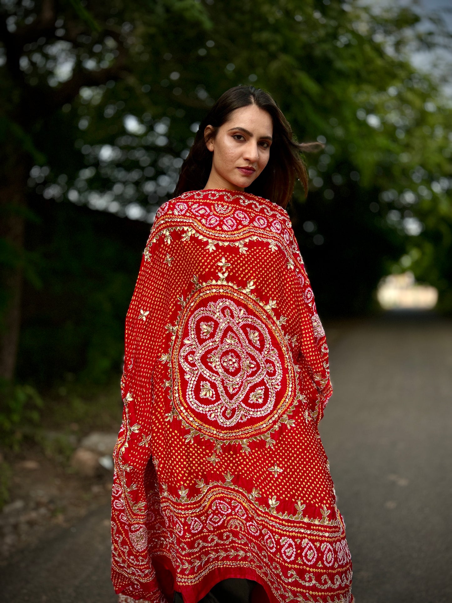 Gotapati Bandhani peacock motifs Red Dupatta