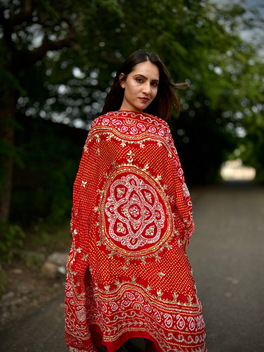 Gotapati Bandhani peacock motifs Red Dupatta