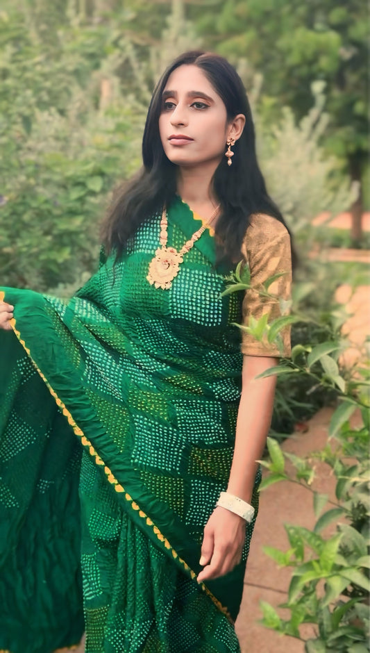 Bottle green Geometric Bandhani on silk