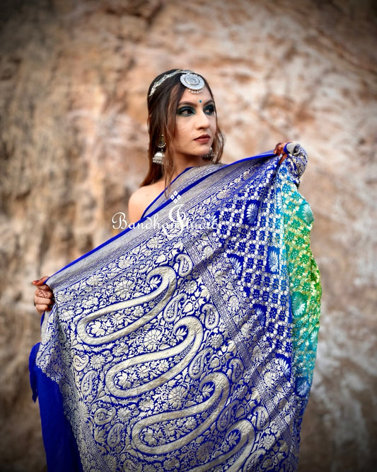 Blue and Sea-green Ombré Silver Zari Bandhani Saree