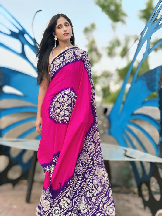 Pink and purple Gotapati handwork saree